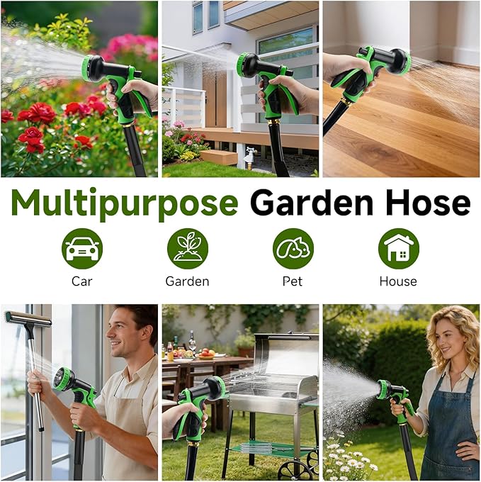 Garden Hose 25 FT, Non-Expanding Lightweight High-Pressure Water Hose with 10 Spray Nozzle, Portable No Kink Flexible Garden Hoses Pipe for Outdoor, Lawn, Yard, Car, House(500 PSI Max, 3/4" GHT)