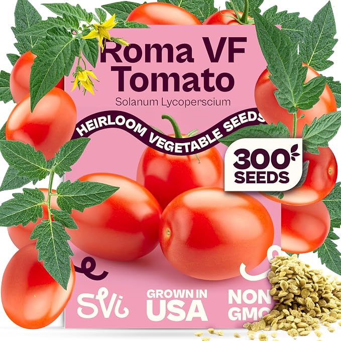 SVI 300 VF Roma Tomato Seeds (Solanum lycoperscium) â Italian Plum Tomato Paste Seed Packets, Determinate Roma Tomatoes â Non GMO Heirloom Vegetable Seeds for Gardens, Raised Beds, Containers