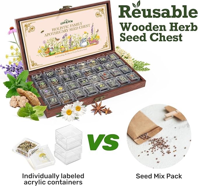 Lush&Dew Holistic Family Apothecary Seed Chest, 30,000+ Medicinal Herb Survival Seed Kit, Gardening Gifts for Women Men, 32 Varieties Heirloom Non-GMO Culinary Herb Seeds for Raised Bed Windowsill