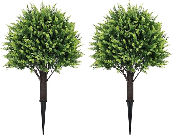 24" Artificial Cedar Topiary Ball Bushes, Set of 2 UV Resistant Fake Trees Outdoor Shrubs with Ground Spike, Weatherproof Faux Plants for Planter, Front Porch, Garden, Yard, Patio Decor