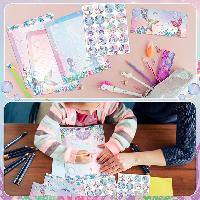TaoBary 160 Pcs Stationery Paper Set 50 Double Sided Stationery Papers with 50 Matching Envelopes and 60 Round Dot Sticker, 10 Design(Mermaid,8.5 x 11 Inch)