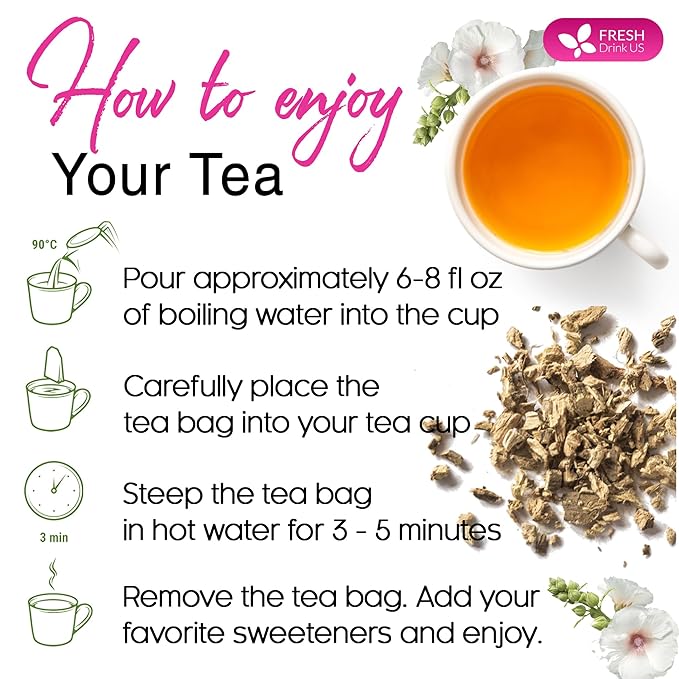 FreshDrinkUS, Premium 75 Marshmallow Root and Leaf Tea Bags, 100% Natural & Pure. Loose Leaf Marshmallow Herbal Tea. Made with Eco-Conscious Tea Bags. No Sugar, No Caffeine, No Gluten, Vegan.