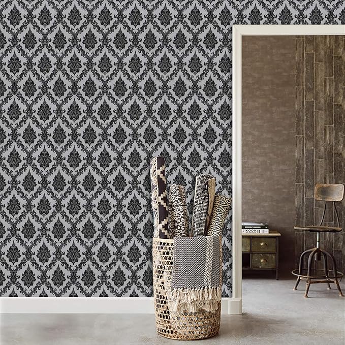 17.7" x 197" Peel and Stick Wallpaper Black Vintage Wallpaper Damask Contact