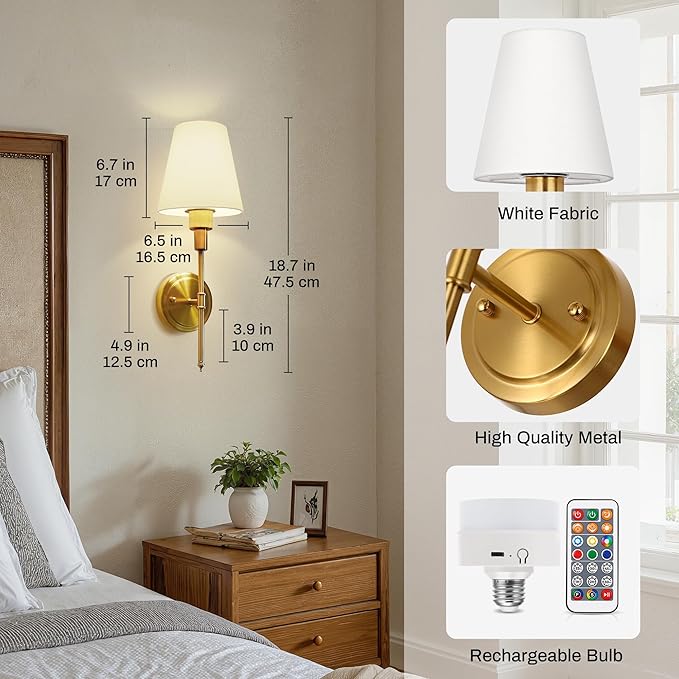 DORESshop Battery Operated Wall Sconce Set of 2, Wall Light Wireless Easy to