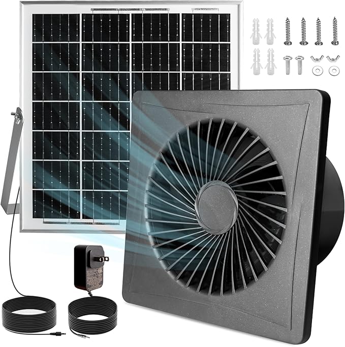Solar Exhaust Fan â Compact for Small Spaces, Brushless Quiet 6" Ventilation Vent Fan, 25W Solar Panel with Bracket, Anti-Backflow Valve; for Chicken Coops, Pet Houses, Sheds, Greenhouses (Black)