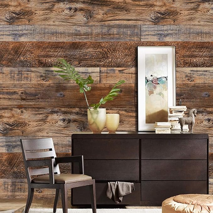 WENMER 23.6" x 394" Brown Wood Peel and Stick Wallpaper Shiplap Self Adhesive