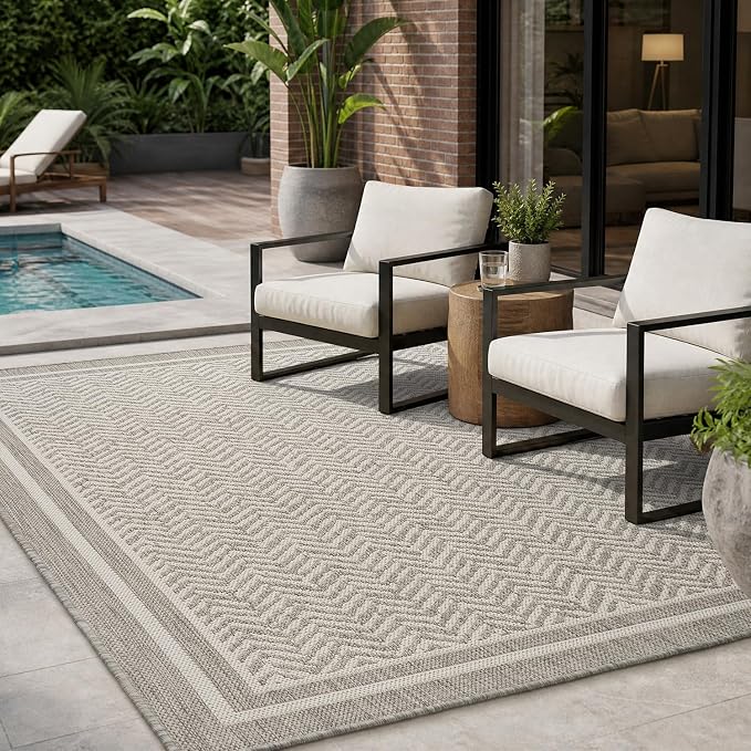 MontVoo-3x5 Outdoor Rug Porch Entryway Rug-Polypropylene Indoor Outdoor Rugs for Entryway Kitchen Balcony Patio, Textured Weave, Durable, Fade-Resistant, Non-Shedding, Boho Geometric Neutral Grey