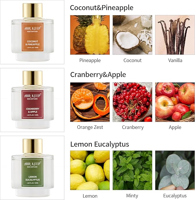 Airkeep Reed Diffuser Set of 3, Coconut Pineapple Lemon Eucalyptus Cranberry Apple Oil Reed Diffusers for Bedroom Living Room Office Aromatherapy Oil Reed Diffuser for Gift 50ml x 3