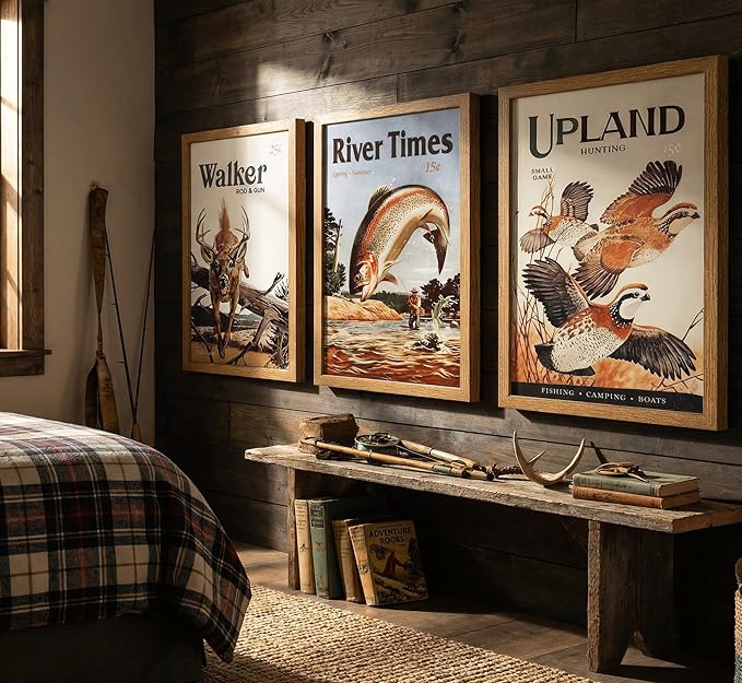 3Pcs Framed Retro Hunting Canvas Wall Art Outdoorsy Wild Animal Wall Decor Pictures Nature Wilderness Deer Wild Duck Fishing Posters Prints Gift Send Hunter Dad for Living Room Bedroom Home Decoration
