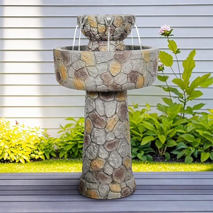SunJet 25.7â High x 15.3â Diameter Concrete Bird Bath with Faux Stone Finish - Outdoor Water Fountain with Electric Pump - Birdbath for Garden, Patio, Yard, Lawn Décor