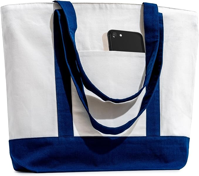 Carrywell (Not Made In China) Canvas Tote Bags with Zipper, 15"x 21", Heavy Duty Organic Cotton With Handles and Front Pocket, Reusable Shopping Totes