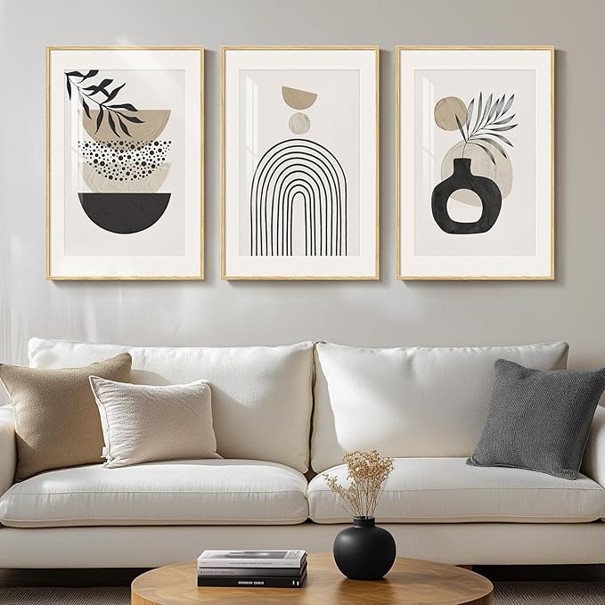 Framed Neutral Boho Wall Art Bedroom, 3 Piece Beige Mid Century Modern
