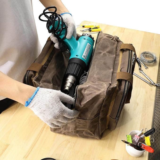 Kaaltisy 16oz Waxed Canvas Tool Bag – Robust Zipper Garden Tools Tote with 3 Compartments & Padded Handle (Grey) – Tool Organizer for Gardening Wire Cutters Goggles