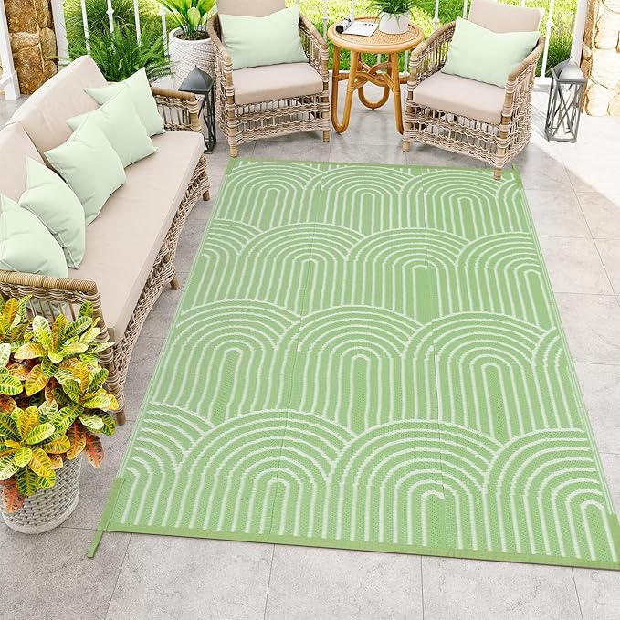 Anidaroel Patio Rugs Outdoor 6âx9â Clearance Waterproof, Reversible Rainbow Outdoor Plastic Straw Outside Rugs, RV Outdoor Rugs for Camping, Porch, Balcony, Backyard (Green, 6âX9')