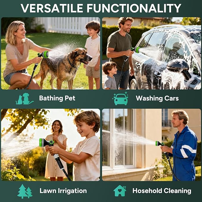 Garden Hose 25FT, Flexible Lightweight Non-Expandable Water Hose with 10 Function Nozzle, No-Kink, Leak-Proof, Burst-Resistant, High-Pressure for Yard, Outdoor