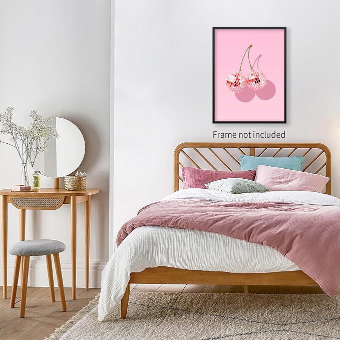 jkahh Pink Disco Ball Cherry Poster Retro Funky Preppy Fruit Wall Art Trendy