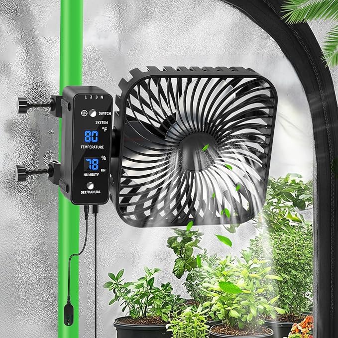 Grow Tent Fan 6â, LCD Display with Sensor, Adjustable Temp & Humidity Control, 4-Speed, 90° Oscillating Fan, Strong Airflow for Indoor Growing, Mushroom Box, Desk Use