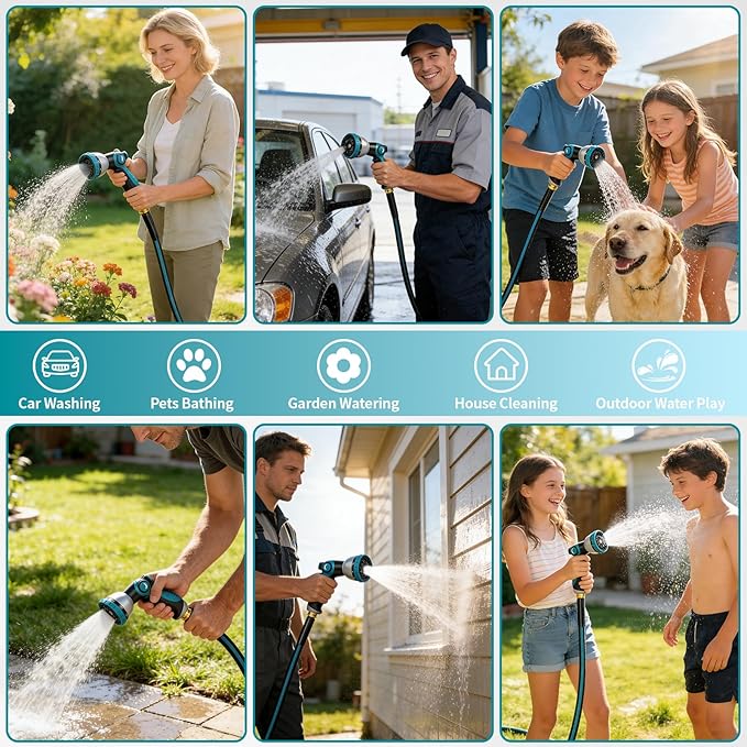 25FT Garden Hose, Kink-Free Non-Expandable Flexible Water Hose with 10-Pattern Spray Nozzle, Lightweight Leakproof Flat Hose with 3/4” Solid Brass Connector for Yard, Lawn & Outdoor Use