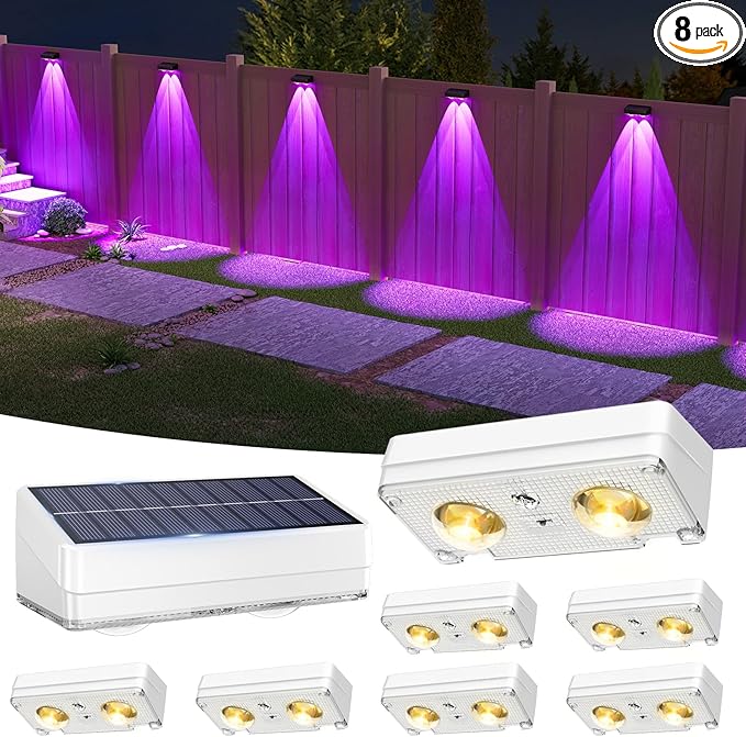 VOLISUN Solar Fence Lights Outdoor 8 Pack, 10 Colors ï¼ Color Changing Fence Lights Solar Powered, IP65 Waterproof Solar Lights for Fence, Garden, Patio, Backyard, Railing, Deck, Wall, Poolï¼Whiteï¼