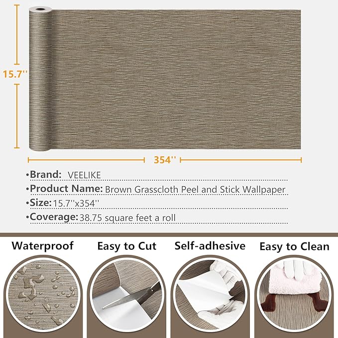VEELIKE Taupe Grasscloth Peel and Stick Wallpaper Textured Faux Grasscloth