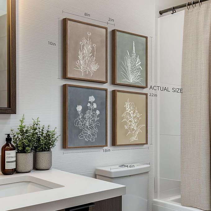 Boho Framed Botanical Wall Art for Bathroom Decor, 4 Piece Rustic Floral Canvas