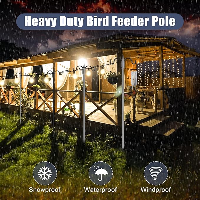 Gtongoko Squirrel Proof Bird Feeder Pole, 92 Inch Double Shepherds Hook with 19 Inch Squirrel Baffle, Heavy Duty Adjustable Outdoor Bird Feeder Stand with 5-Prong Base for Garden, Plants, Black