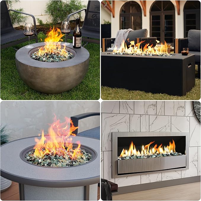 Mr. Fireglass 10 Pounds Blended Fire Glass, 1/4 Inch Mixed Colored High Luster Reflective Tempered Firepit Glass Rocks for Fireplace Fire Pit Table and Landscaping, Light Green, Onyx Black, Platinum