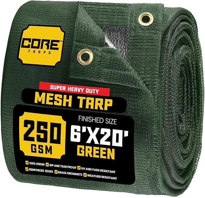 Core Tarps 60% Green Shade Cloth with Grommets - 6 X 20 FT Heavy Duty Mesh Tarp - Sun Shade Cloth for Garden Vegetables Plants Greenhouse Outdoors Backyard Fences Dump Trucks Patio Mesh Shade Tarp
