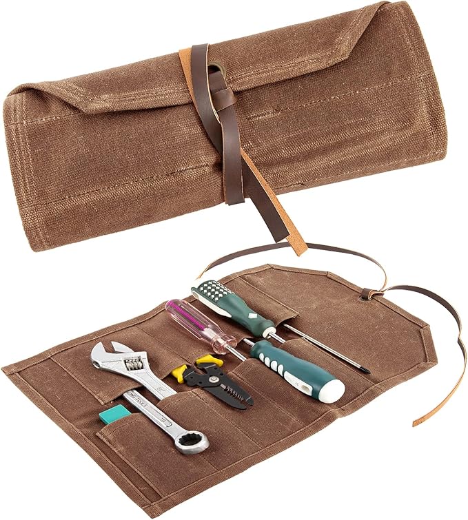 Tool Roll,10Slots Tool Roll Up Pouch,Heavy Duty Waxed Canvas Tool Roll Bag,Chisel Wrench Spanner Roll Tool Pouch with Leather Rope,Tool Roll Organizer for Mechanic Electrician Plumber Carpenter