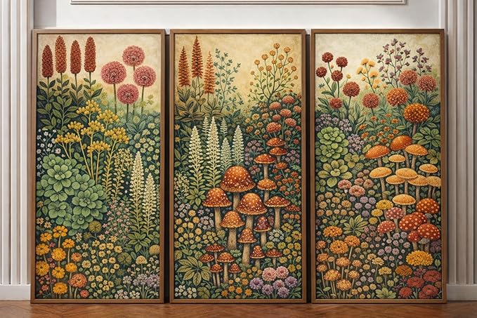 Framed Canvas Wall Art Set of 3 Vintage Botanical Mushroom Prints 12x16 Inch