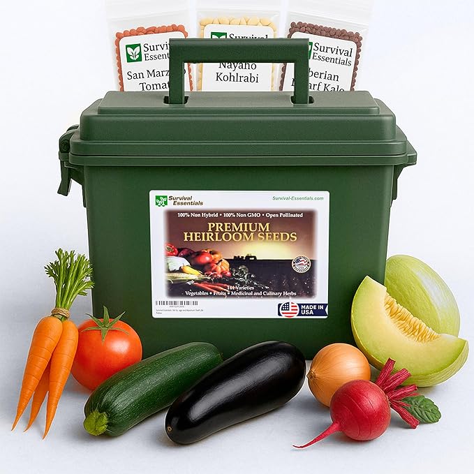 Ultimate Non-GMO Heirloom Survival Seed Vault â 23,000 Open-Pollinated Vegetable, Herb & Fruit Seeds for Planting â 144 Varieties for All USDA Hardiness Zones â Long Term Emergency Preparedness Seeds