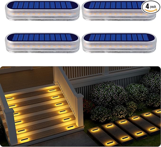 DetarZinLED Solar Step Lights Outdoor Waterproof LED, 4 Pack Warm White Flat Solar Powered Deck Lights for Outside, Stick on Light Bar for Stair, Dock, Patio, Garden, Path, Walkway, Driveway, Porch