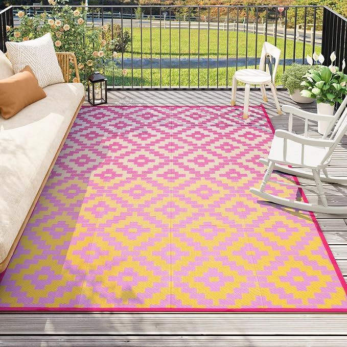 Anidaroel Ombre Outdoor Rugs 8x10 for Patios Clearance, Waterproof Camping Rugs for Outside RV, Reversible Plastic Straw Mat, Large Outdoor Area Rug for Deck, Backyard, Picnic(Orange&Pink,8âx10')
