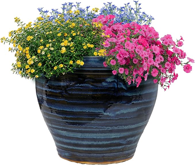 Sunnydaze Studio Large Ceramic Plant Pot - Round Outdoor Glazed Ceramic Planter Pot with Drainage - Galaxy Blue - 18.5"