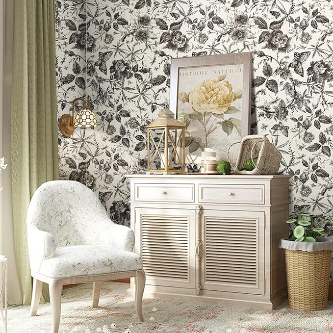JiffDiff Floral Vintage Wallpaper Peel and Stick Wall Stick Black and White
