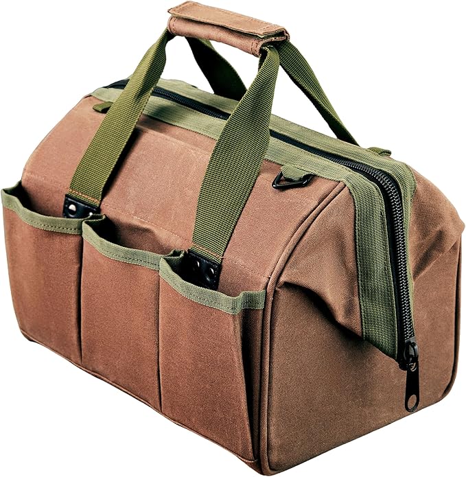Waxed Canvas Tool Bag - 11.75â Heavy Duty Canvas Tote Bag Garden Caddy for Gardening Supplies or Tools with Wide Mouth 3 Interior and 3 Exterior Pockets - Gardening Gifts Men by Kings County Tools