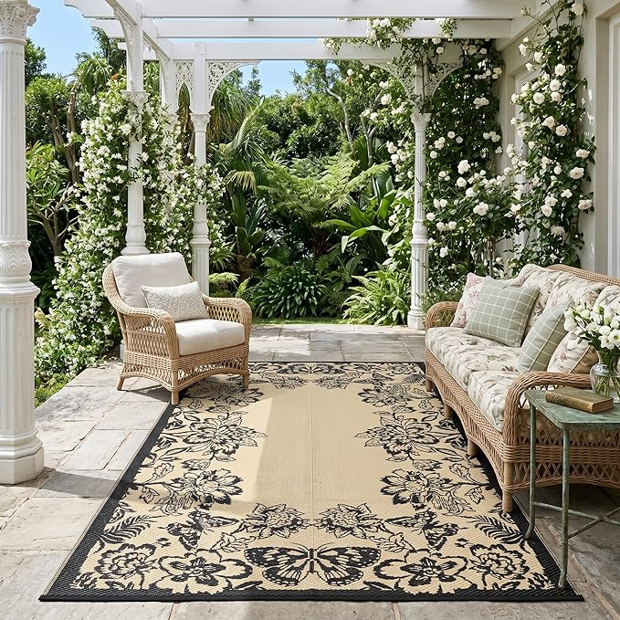 Garvee 5âx8â Waterproof Patio Outdoor Rug, Outdoor Plastic Straw Rug for Camping, RV Mat Outside, Indoor Outdoor Carpet for Porch, Deck, Backyard, Balcony, Picnic, Black & Brown