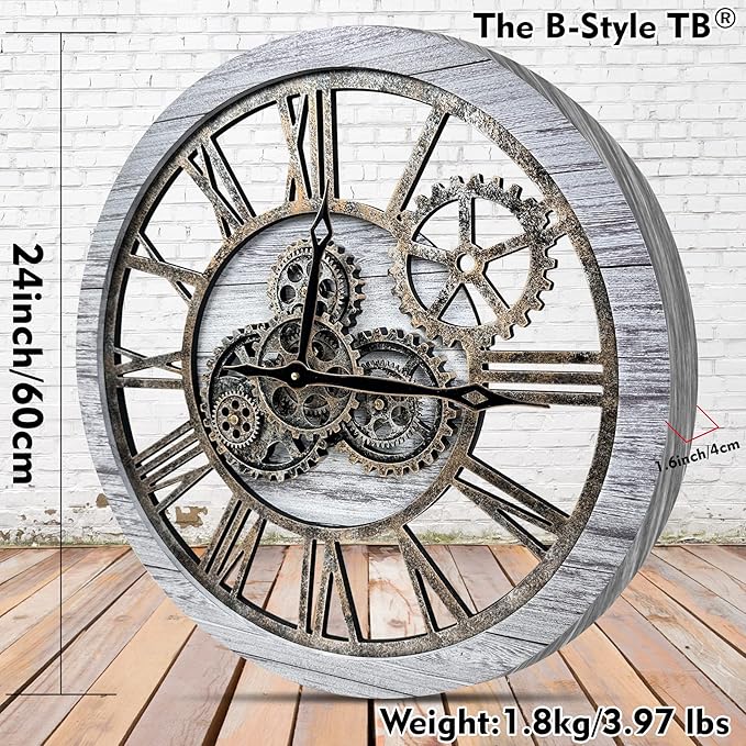 The B-Style Large Wall Clock 24 inch Moving Gear Wall Clock Oversized Vintage