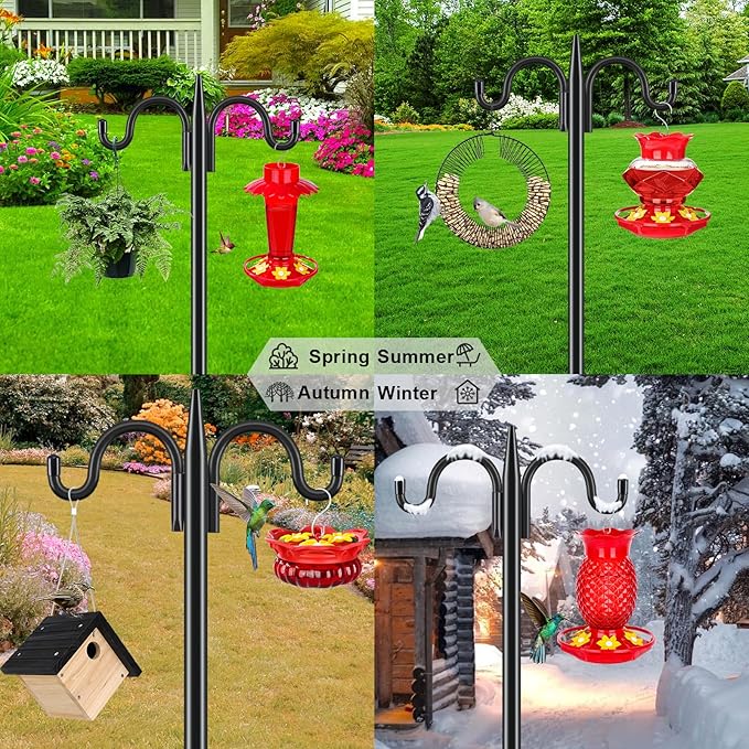 Gtongoko Bird Feeder Pole for Outdoors Heavy Duty, 77 Inch Double Shepherds Hook with 5-Prong Stable Base, 3/4 Inch Thick Hummingbird Feeder Stand for Hanging Plants, Lanterns, 1 Pack