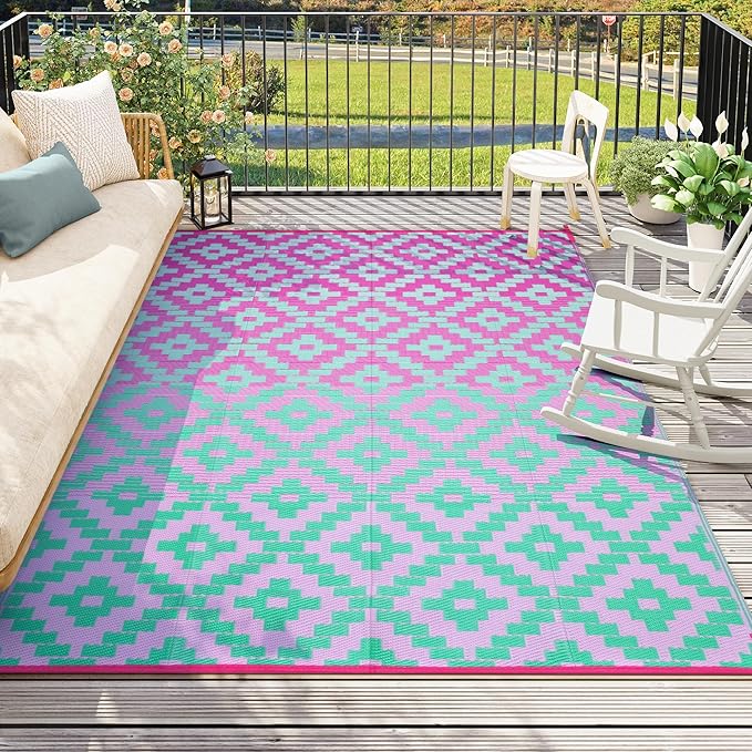 Anidaroel Ombre Outdoor Area Rugs 8x10 Waterproof, Reversible Plastic Straw Outside Rug for Patios Clearance, Large Outdoor Area Rug for RV Camping, Picnic, Camper, Backyard(Green&Pink,8âx10')