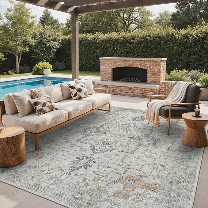 GENIMO Outdoor & Indoor Area Rug 8'x10', Waterproof, Non-Shedding, Easy Cleaning, Boho Mat for Patio, Living Room, Balcony, Dining Room, RV, Deck, Bedroom, Camping, Outside Carpet,Light Grey Brown