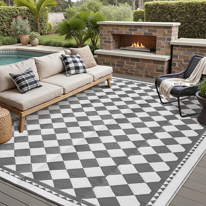 HUGEAR Outdoor Waterproof Rug 10'x14' Plastic Straw Rugs Washable Reversible Floor Mat Grey Plaid Carpet for Camping RV Deck Entryance Porch Picnic Balcony Beach Backyard
