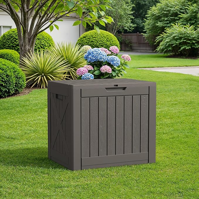 Flamaker Resin Deck Box 40 Gallon Waterproof Outdoor Indoor Storage Box Imitation Wood Resin for Patio Furniture Garden Tools and Pool (Deep Brown)