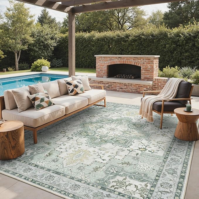 GENIMO Outdoor & Indoor Area Rug 4'x6', Waterproof, Non-Shedding, Easy Cleaning, Boho Mat for Patio, Living Room, Balcony, Dining Room, RV, Deck, Bedroom, Camping, Outside Carpet,Light Green