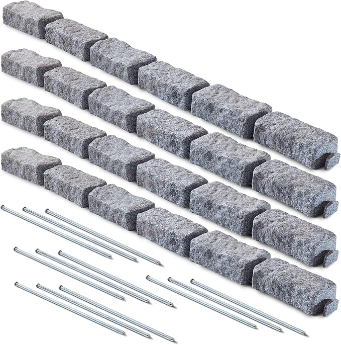 Beuta Landscape Edging | Garden Edging Border | Faux Stone Bricks for Lawn edging, Flower beds, Pathways & Yard Edgingâ 4 Packs | Each Section Has 6 Bricks 48"L x 4"W x 2.25"H | 12 Spikes |Greystone