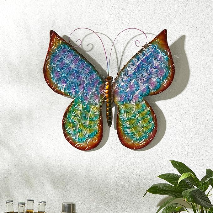 Glitzhome Metal Butterfly Wall Decor, 20 "H Colorful Metal Bionic Butterfly Wall Art with Hand Painted Distressed Finish and 3D Embossed Texture, Outdoor Porch Patio Home Wall Accent