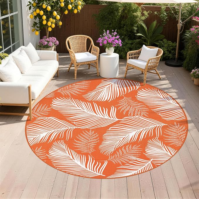 Pauwer Waterproof Outdoor Rug 8ft, Reversible Plastic Straw Patio Camping Rug, Indoor Outdoor RV Mat Carpet for Deck, Camper, Porch, Balcony, Backyard, Picnic, Leaf Orange