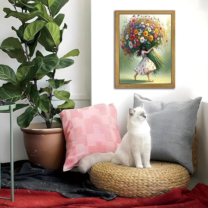 Wood Framed Pink Wildflower Canvas Wall Art, Girl Hugging Flowers Poster Prints