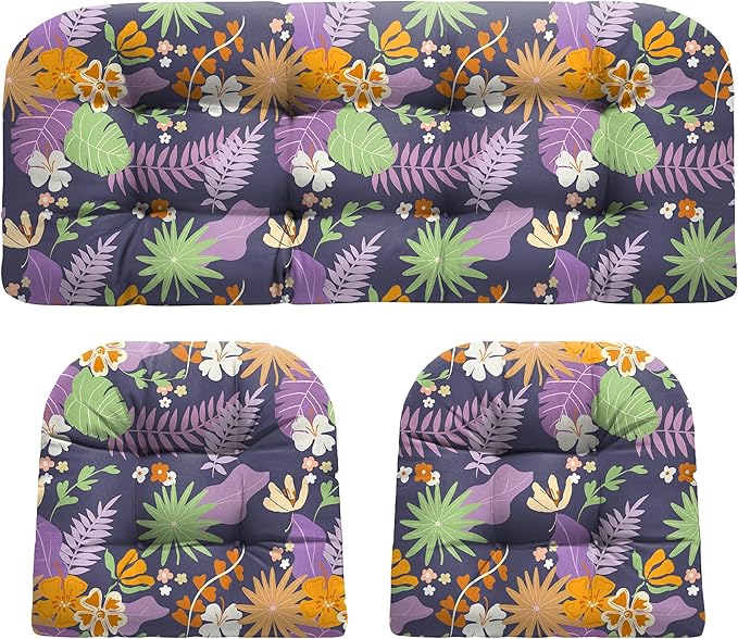 DANGHOOGY Wicker Chair Cushions, Waterproof Outdoor Loveseat Cushions for Patio Furniture, Tufted Wicker Furniture Cushions, 1 Loveseat and 2 U-Shaped Cushions (Purple Flower)