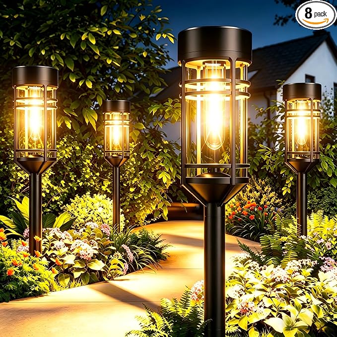 Amzarp 8 Pack Solar Garden Lights, Bright LED Solar Pathway Lights Outdoor IP65 Waterproof Rugged Shatterproof Auto On/Off for Landscape Garden Yard Walkway Driveway Lawn Lighting (3000K Warm White)